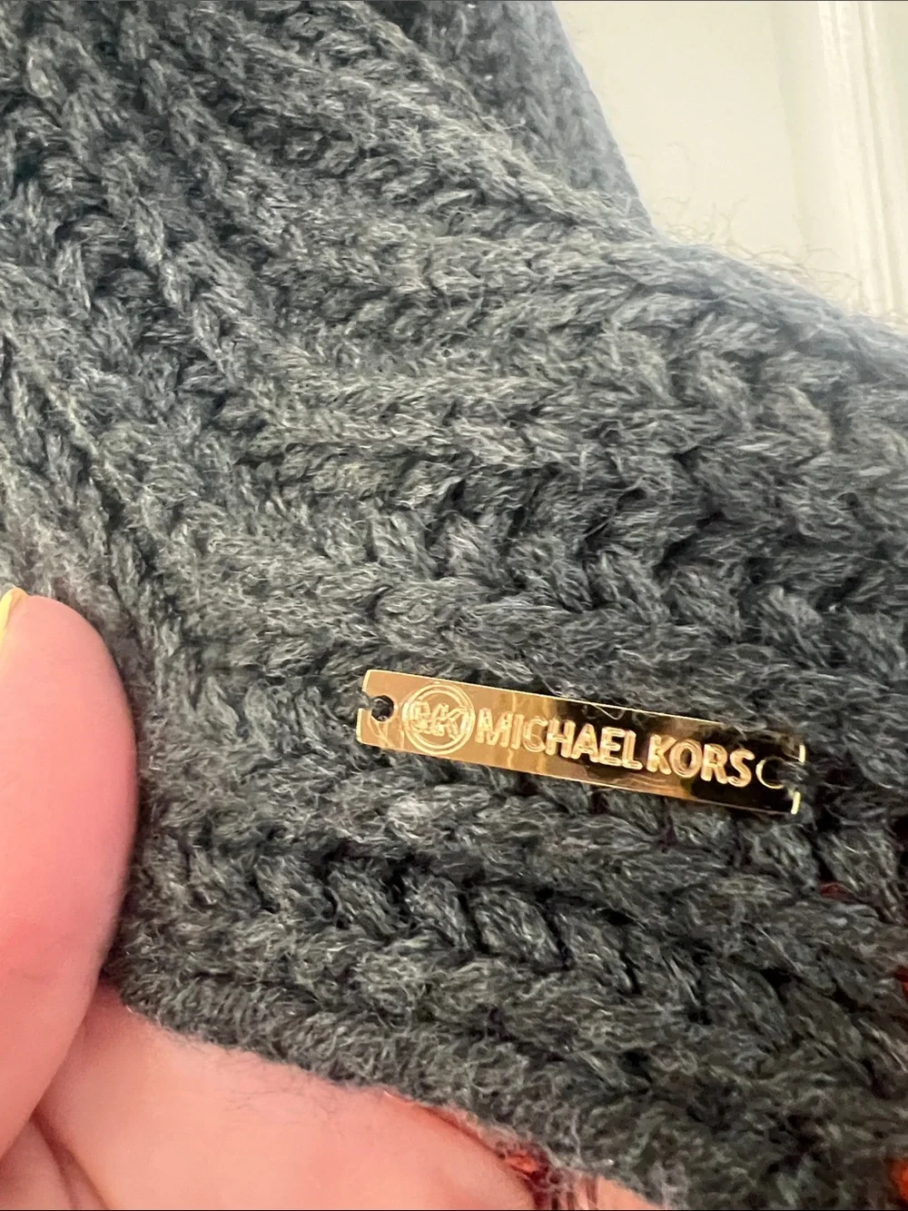 Michael Kors Charcoal Gray Cable Knit Scarf with Gold Logo Plaque